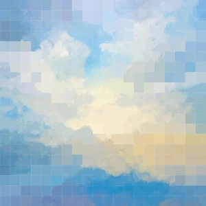 Pixelated sunset sky blending soft clouds and tranquil blues with a hint of yellow.