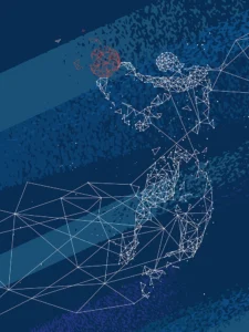 Illustration of athlete in motion, formed from dynamic glowing geometric lines.