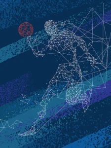 Illustration of athlete in motion, formed from dynamic glowing geometric lines.