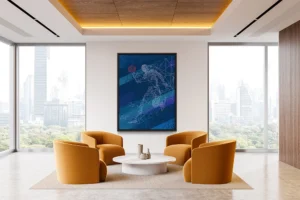 Illustration of athlete in motion, formed from dynamic glowing geometric lines.