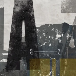 Layered typography with the letter "A” with distressed textures and muted tones.