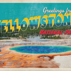 A striking postcard that celebrates the rugged majesty of Yellowstone National Park.