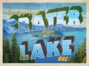 This vivid postcard highlights the breathtaking cliffs and tranquil waters of Crater Lake, Oregon.