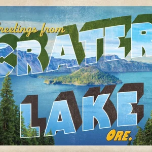This vivid postcard highlights the breathtaking cliffs and tranquil waters of Crater Lake, Oregon.