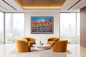 This vibrant postcard graphic celebrates the majestic grandeur and natural wonder of the Grand Canyon.