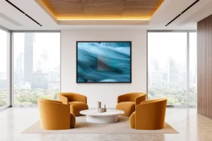 Powerful ocean wave merges with geometric overlay, blending nature and abstract color fields.