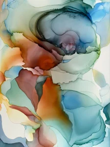 Austin, Texas–based painter Andrea Pramuk creates organic abstractions by blending paint pouring techniques with image lift and transfer, layered with delicate brushwork.