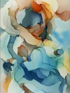 Austin, Texas–based painter Andrea Pramuk creates organic abstractions by blending paint pouring techniques with image lift and transfer, layered with delicate brushwork.