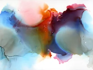 Austin, Texas–based painter Andrea Pramuk creates organic abstractions by blending paint pouring techniques with image lift and transfer, layered with delicate brushwork.