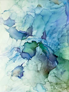 Austin, Texas–based painter Andrea Pramuk creates organic abstractions by blending paint pouring techniques with image lift and transfer, layered with delicate brushwork.