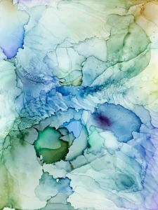 Austin, Texas–based painter Andrea Pramuk creates organic abstractions by blending paint pouring techniques with image lift and transfer, layered with delicate brushwork.