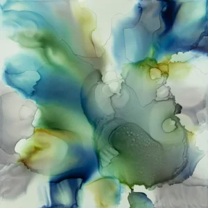 Austin, Texas–based painter Andrea Pramuk creates organic abstractions by blending paint pouring techniques with image lift and transfer, layered with delicate brushwork.