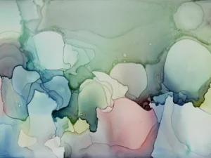 Austin, Texas–based painter Andrea Pramuk creates organic abstractions by blending paint pouring techniques with image lift and transfer, layered with delicate brushwork.