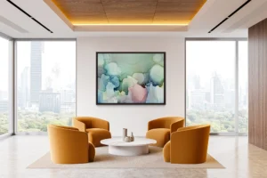 Austin, Texas–based painter Andrea Pramuk creates organic abstractions by blending paint pouring techniques with image lift and transfer, layered with delicate brushwork.