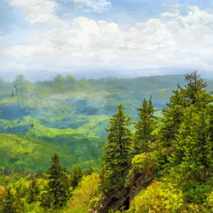 Lush mountain landscape with evergreen trees, rolling hills, and a bright sky.