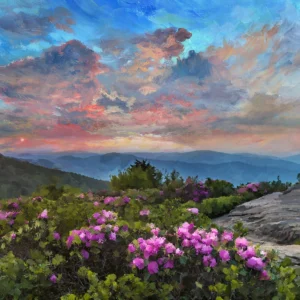 Vibrant sunset over blooming pink flowers, a mountain landscape, and a painted sky.