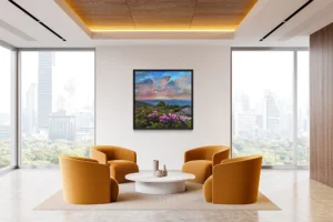 Vibrant sunset over blooming pink flowers, a mountain landscape, and a painted sky.