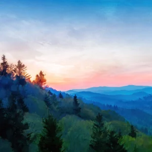 Sunset over layered forested hills with glowing sky and silhouetted trees.