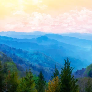 Sunset over layered forested hills with glowing sky and silhouetted trees.