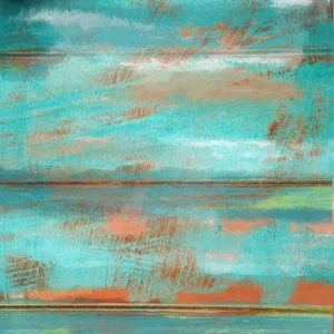 Turquoise waves and coral skies brushed across textured, timeworn coastal wood panel.