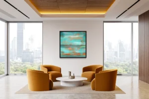 Turquoise waves and coral skies brushed across textured, timeworn coastal wood panel.