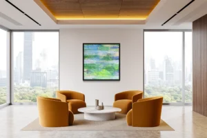 Lush greens and soft blues blend like forest reflections on flowing water.