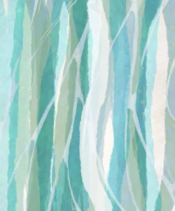Layered teal and white lines create rhythmic movement with soft, airy energy.