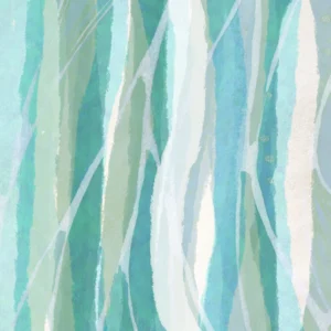 Layered teal and white lines create rhythmic movement with soft, airy energy.