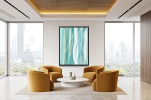 Layered teal and white lines create rhythmic movement with soft, airy energy.