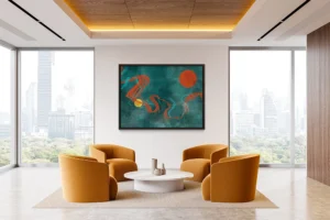 Flowing red and blue lines weave between bold circles on textured teal.