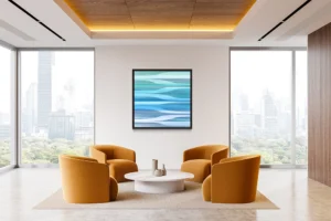 Soft horizontal bands in cool hues create a gentle, flowing abstract rhythm.