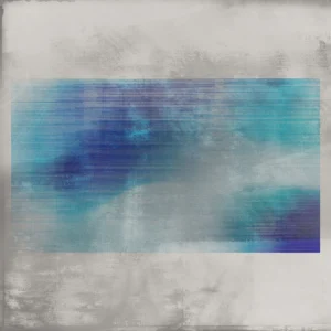 Soft turquoise and deep blue layers merge with misty textures and horizontal striations.