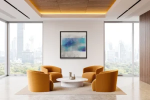 Soft turquoise and deep blue layers merge with misty textures and horizontal striations.