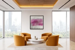 Vibrant magenta hues flow through misty forms, balanced by delicate layered gradients.