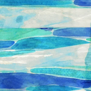 Layered turquoise and blue forms drift horizontally, blending soft textures with airy light.