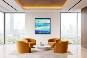 Layered turquoise and blue forms drift horizontally, blending soft textures with airy light.