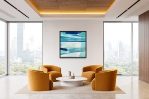 Deep blues and aquas intertwine in horizontal waves of texture and transparency.