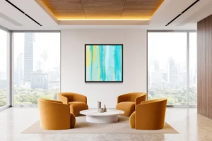 Soft vertical streaks in teal and yellow blend with textured translucent layers.