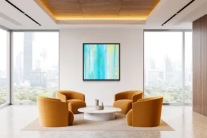 Layered turquoise and golden tones cascade downward, merging painterly textures and luminous light.