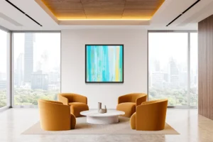 Vertical washes of blue, teal, and yellow create airy, sunlit abstract movement.