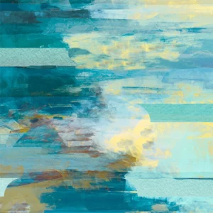 Dynamic teal, yellow, and red strokes blend with layered shapes and textured depth.