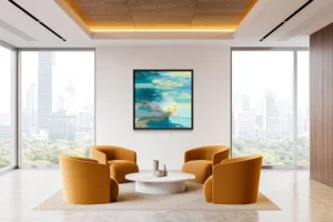 Dynamic teal, yellow, and red strokes blend with layered shapes and textured depth.