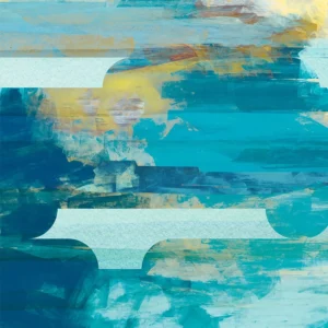 Bold horizontal brushstrokes meet curved cutouts, merging vivid color with abstract layered movement.