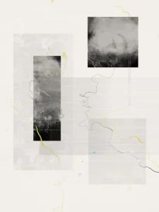 Abstract grayscale forms flow with yellow and blue lines across layered textures.