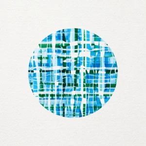Abstract circular artwork featuring intersecting blue, green, and white grid-like lines with a textured, watercolor effect.