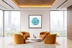 Abstract circular artwork featuring intersecting blue, green, and white grid-like lines with a textured, watercolor effect.