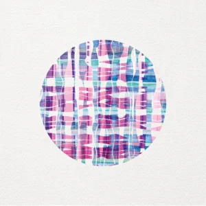 Abstract circular artwork featuring intersecting multicolor lines with a textured, watercolor effect.