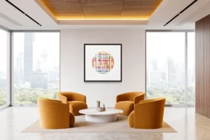 Abstract circular artwork featuring intersecting multicolor lines with a textured, watercolor effect.