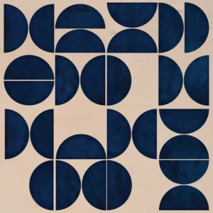 Geometric forms intersect, half circles and bold colors create rhythmic visual harmony.