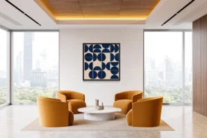 Geometric forms intersect, half circles and bold colors create rhythmic visual harmony.